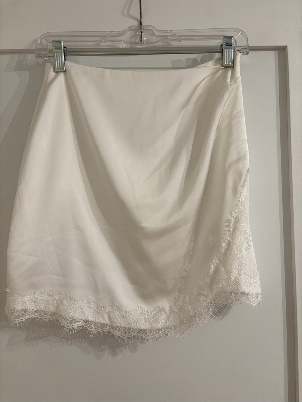 Generation Love White Satin Mini Skirt with Lace Hem